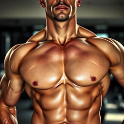A close-up of a well-defined six-pack on a muscular male torso, the skin glistening with a slight sheen of sweat, emphasizing the defined abs and obliques
