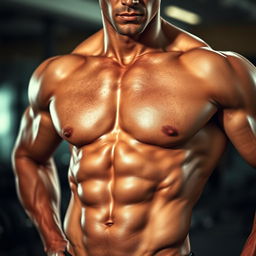 A close-up of a well-defined six-pack on a muscular male torso, the skin glistening with a slight sheen of sweat, emphasizing the defined abs and obliques