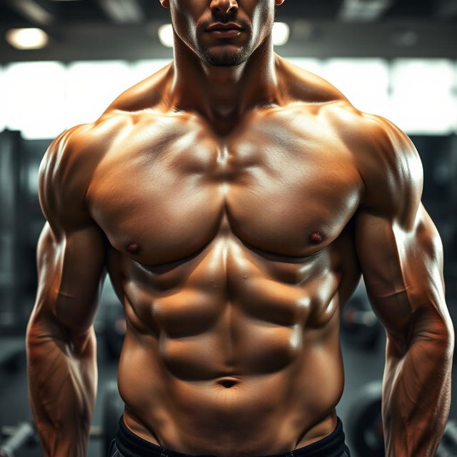A close-up of a well-defined six-pack on a muscular male torso, the skin glistening with a slight sheen of sweat, emphasizing the defined abs and obliques