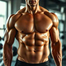 A close-up of a well-defined six-pack on a muscular male torso, the skin glistening with a slight sheen of sweat, emphasizing the defined abs and obliques