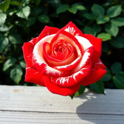 A close-up, slightly impressionistic photo of a vibrant red and white striped rose