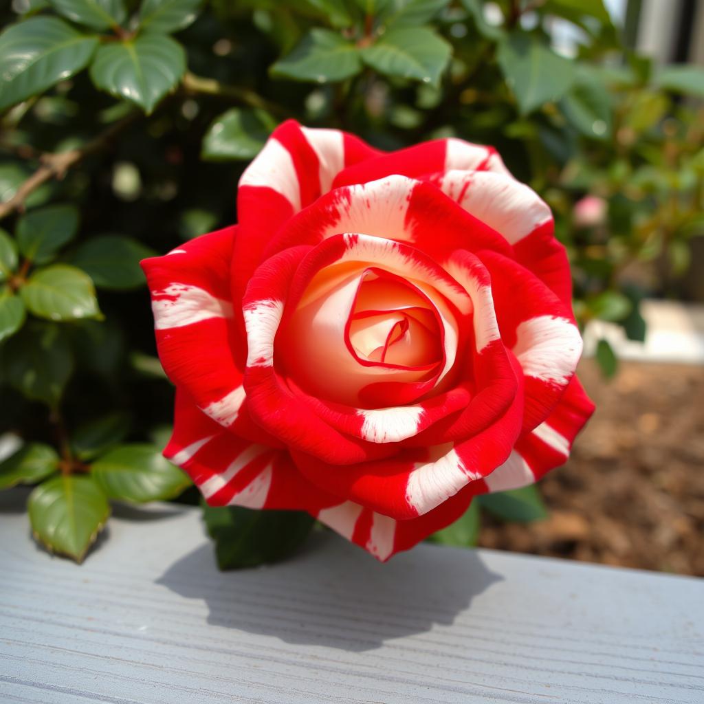 A close-up, slightly impressionistic photo of a vibrant red and white striped rose
