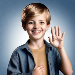 A high-resolution, photorealistic image of a 7-year-old boy engaging in American Sign Language