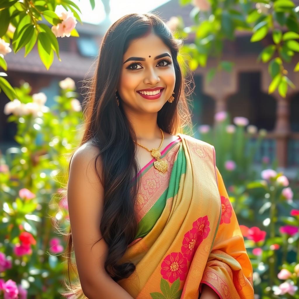 A beautiful South Indian woman in traditional attire, showcasing stunning features such as long, dark hair and expressive eyes