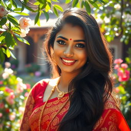 A beautiful South Indian woman in traditional attire, showcasing stunning features such as long, dark hair and expressive eyes