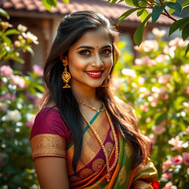 A beautiful South Indian woman in traditional attire, showcasing stunning features such as long, dark hair and expressive eyes