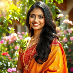 A beautiful South Indian woman in traditional attire, showcasing stunning features such as long, dark hair and expressive eyes