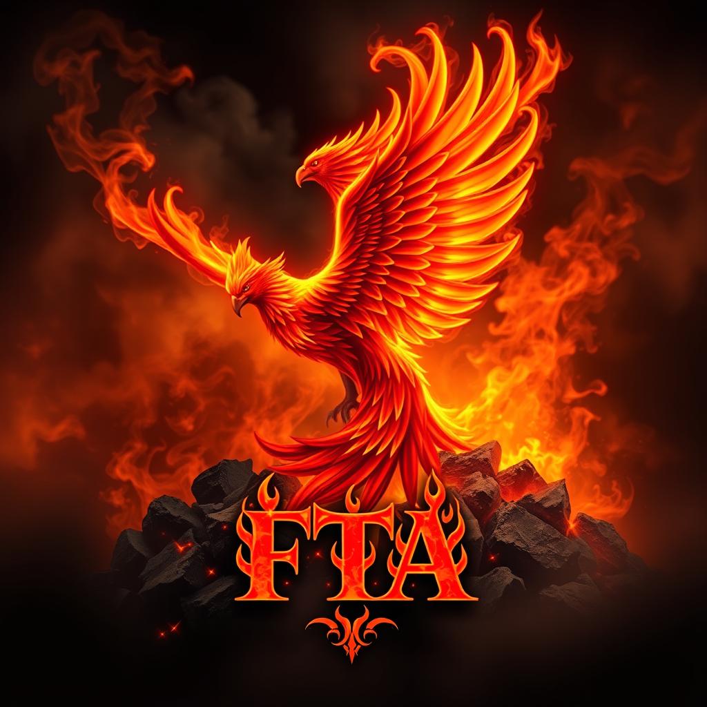 A majestic and fiery phoenix rising dramatically from blazing ashes, its bright red and gold feathers glowing with the intensity of flames