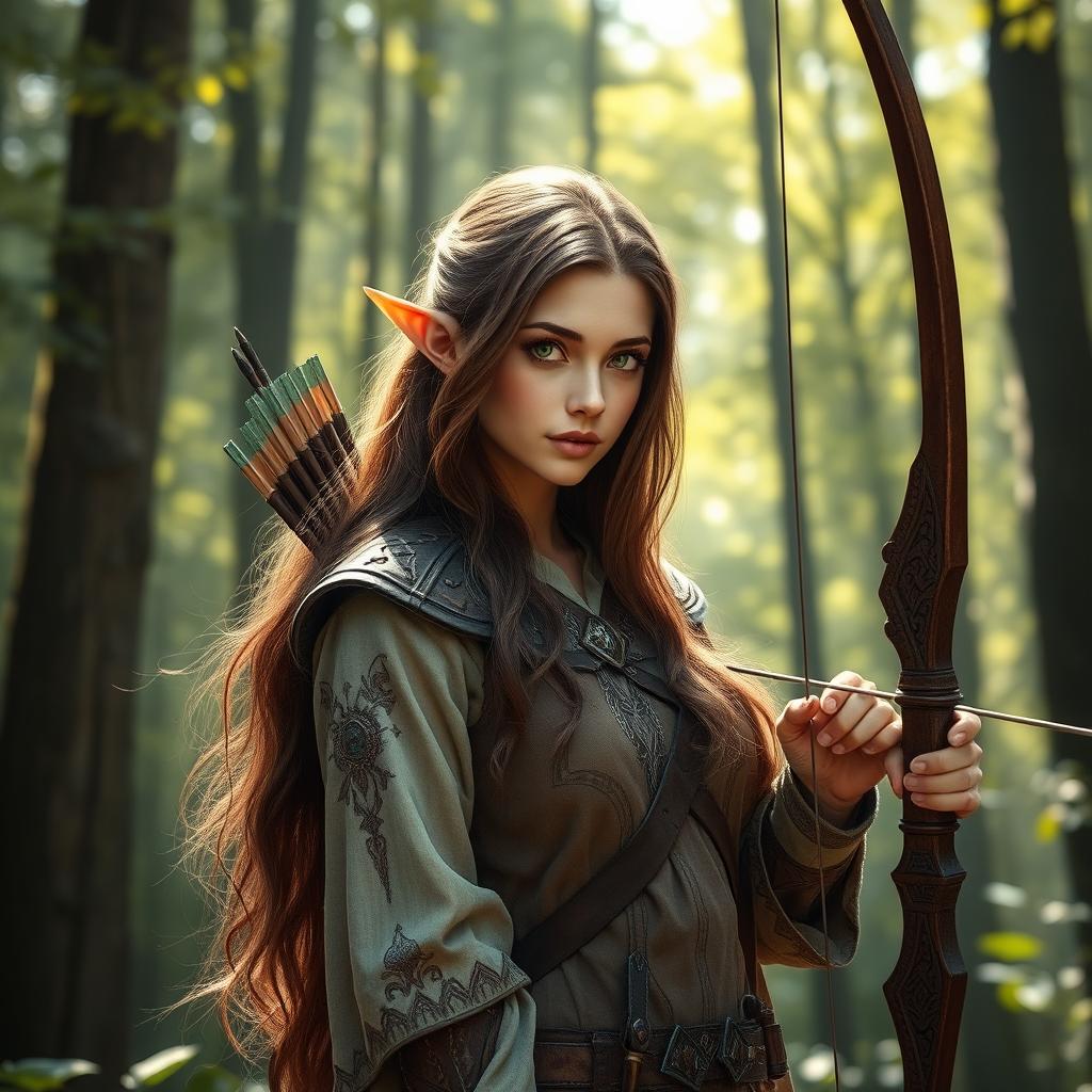 A stunning high elf ranger female with long, flowing brunette hair, dressed in elegant yet practical elven attire