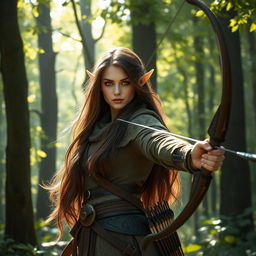A stunning high elf ranger female with long, flowing brunette hair, dressed in elegant yet practical elven attire