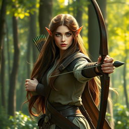 A stunning high elf ranger female with long, flowing brunette hair, dressed in elegant yet practical elven attire
