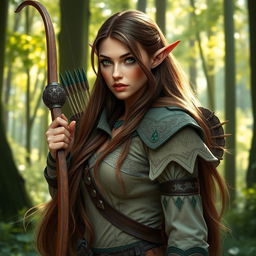 A stunning high elf ranger female with long, flowing brunette hair, dressed in elegant yet practical elven attire