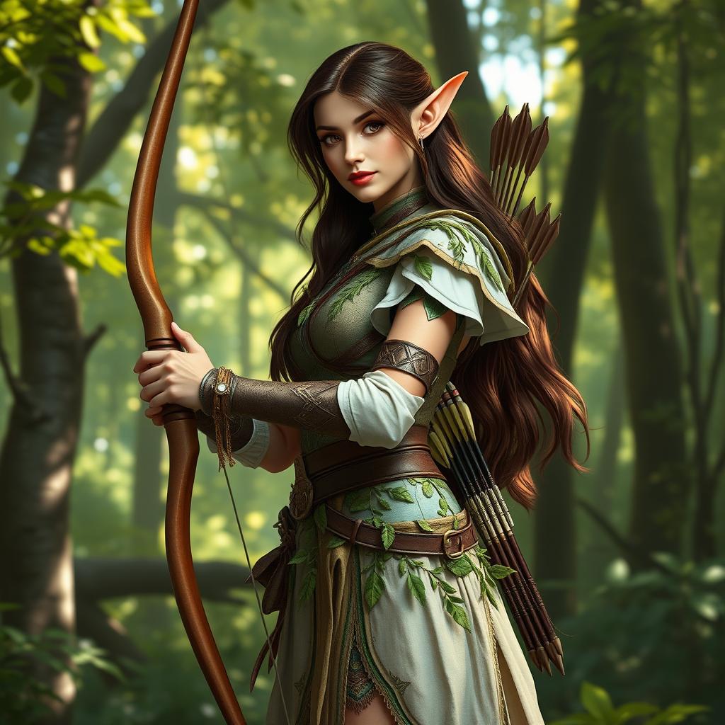 A stunning brunette high elf ranger standing gracefully in an enchanted forest