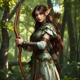 A stunning brunette high elf ranger standing gracefully in an enchanted forest