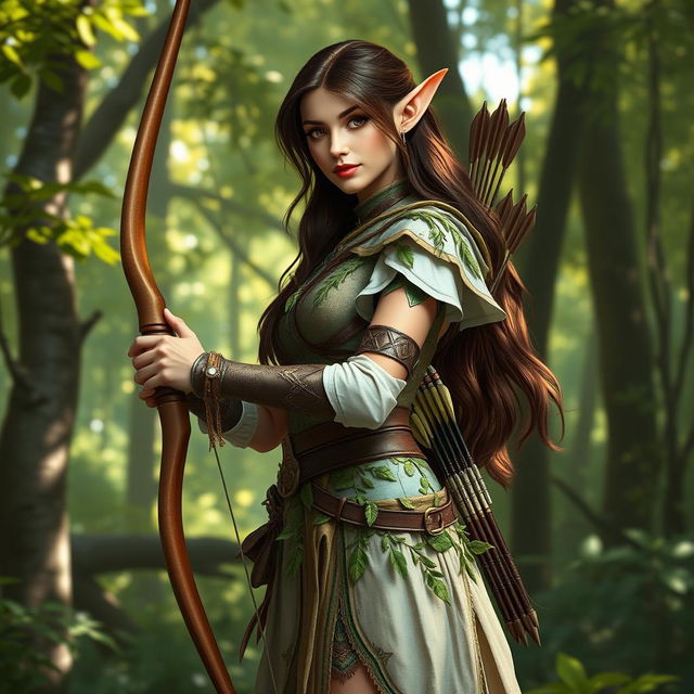A stunning brunette high elf ranger standing gracefully in an enchanted forest
