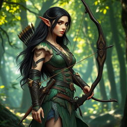 A stunning brunette high elf ranger standing gracefully in an enchanted forest
