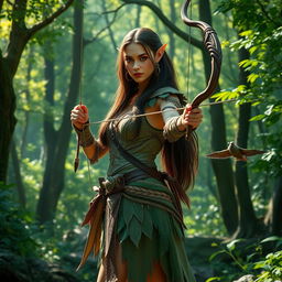 A stunning brunette high elf ranger standing gracefully in an enchanted forest