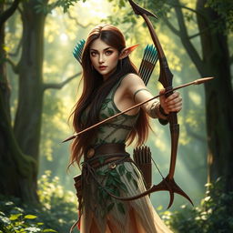 A stunning brunette high elf ranger standing gracefully in an enchanted forest