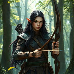 A high elf ranger with long, dark hair flowing elegantly down their shoulders, dressed in intricate leather armor adorned with nature motifs