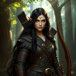 A high elf ranger with long, dark hair flowing elegantly down their shoulders, dressed in intricate leather armor adorned with nature motifs