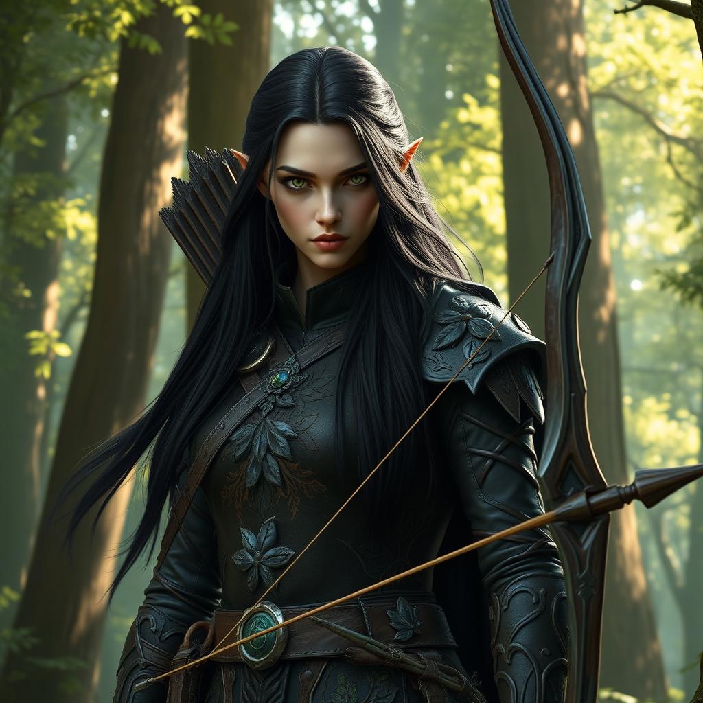 A high elf ranger with long, dark hair flowing elegantly down their shoulders, dressed in intricate leather armor adorned with nature motifs