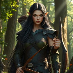 A high elf ranger with long, dark hair flowing elegantly down their shoulders, dressed in intricate leather armor adorned with nature motifs