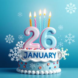 A vibrant birthday symbol featuring the number 26 prominently displayed, surrounded by decorative elements representing the month of January, such as winter-themed motifs like snowflakes