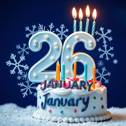 A vibrant birthday symbol featuring the number 26 prominently displayed, surrounded by decorative elements representing the month of January, such as winter-themed motifs like snowflakes