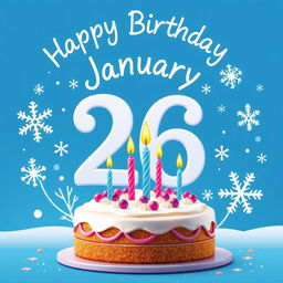 A vibrant birthday symbol featuring the number 26 prominently displayed, surrounded by decorative elements representing the month of January, such as winter-themed motifs like snowflakes