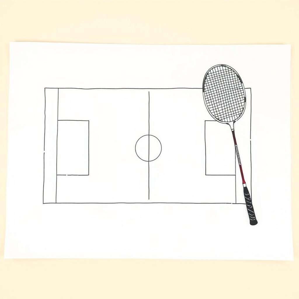 A detailed illustration of a badminton court on a blank sheet of paper