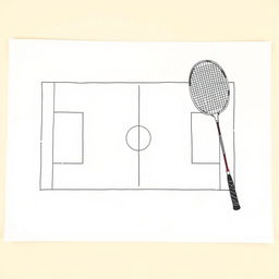 A detailed illustration of a badminton court on a blank sheet of paper
