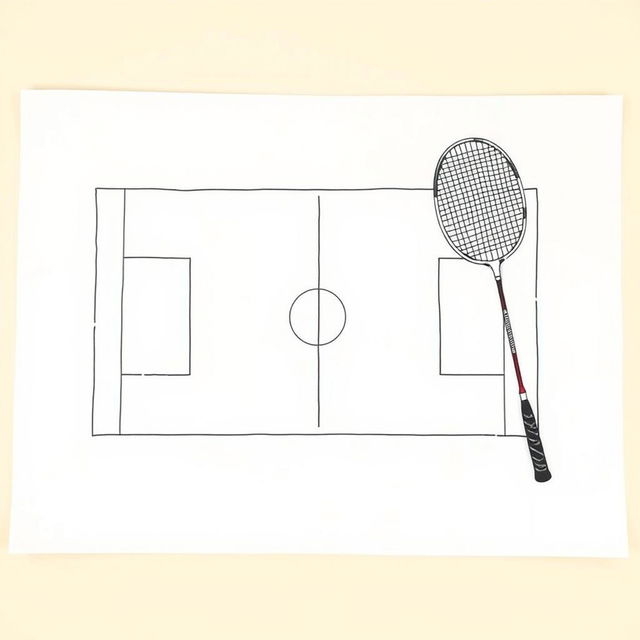 A detailed illustration of a badminton court on a blank sheet of paper