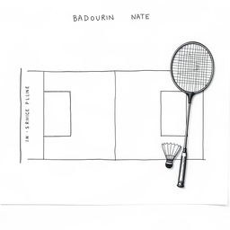 A detailed illustration of a badminton court on a blank sheet of paper