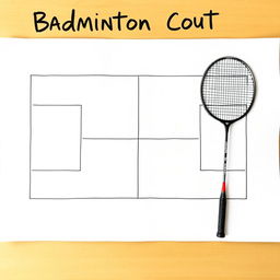 A detailed illustration of a badminton court on a blank sheet of paper