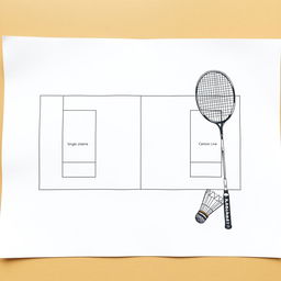 A detailed illustration of a badminton court on a blank sheet of paper