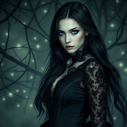 A captivating female vampire with striking blue eyes, elegantly poised in a dark, misty forest setting