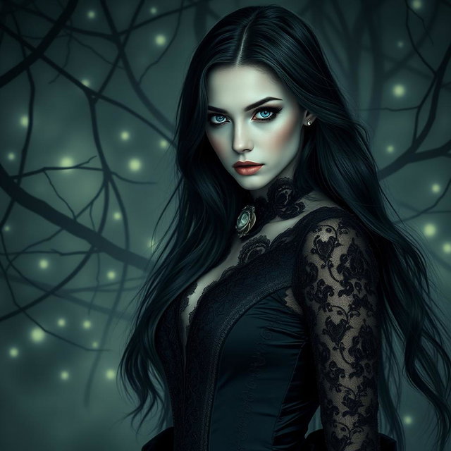 A captivating female vampire with striking blue eyes, elegantly poised in a dark, misty forest setting