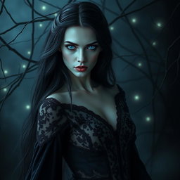 A captivating female vampire with striking blue eyes, elegantly poised in a dark, misty forest setting