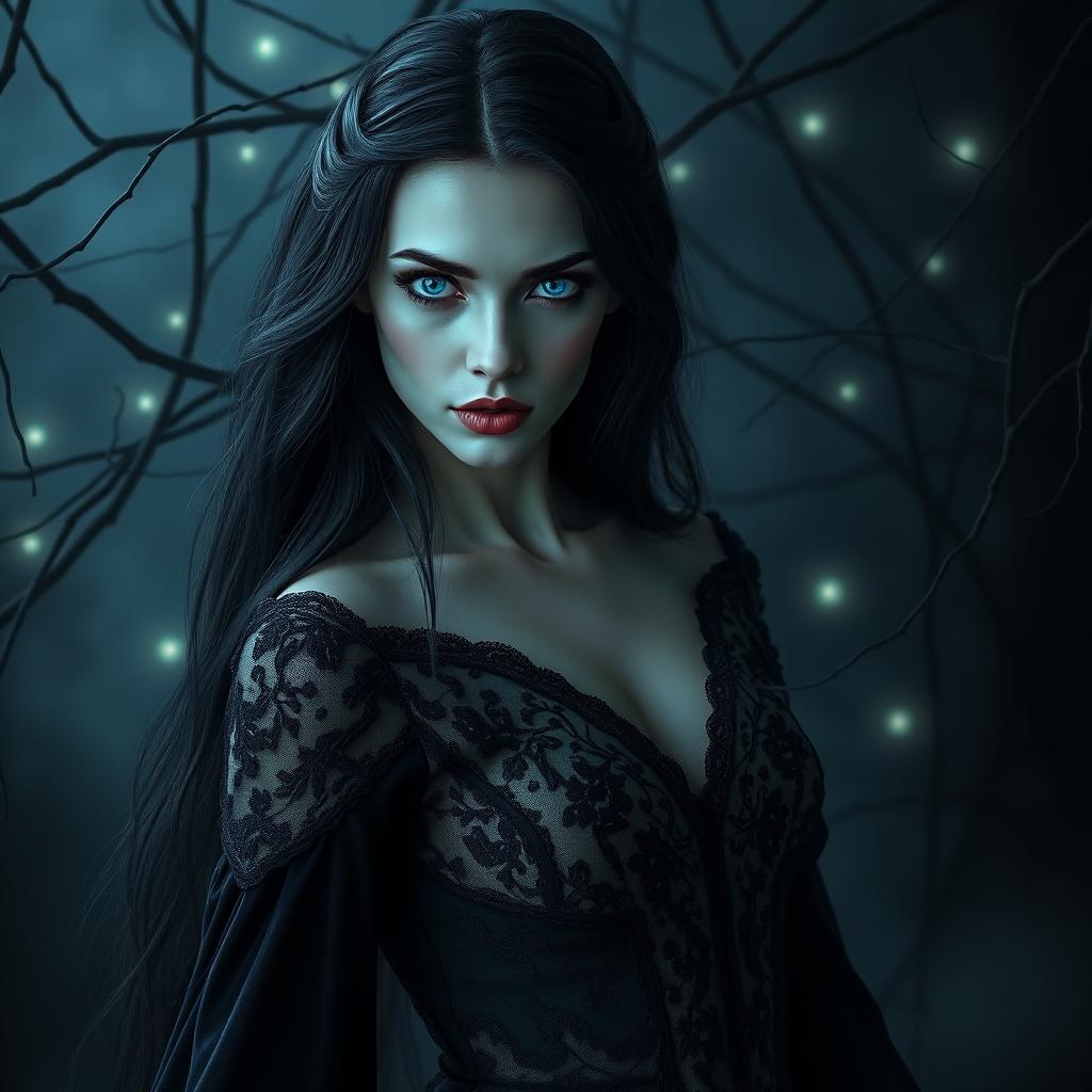 A captivating female vampire with striking blue eyes, elegantly poised in a dark, misty forest setting