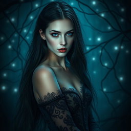 A captivating female vampire with striking blue eyes, elegantly poised in a dark, misty forest setting