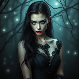 A captivating female vampire with striking blue eyes, elegantly poised in a dark, misty forest setting