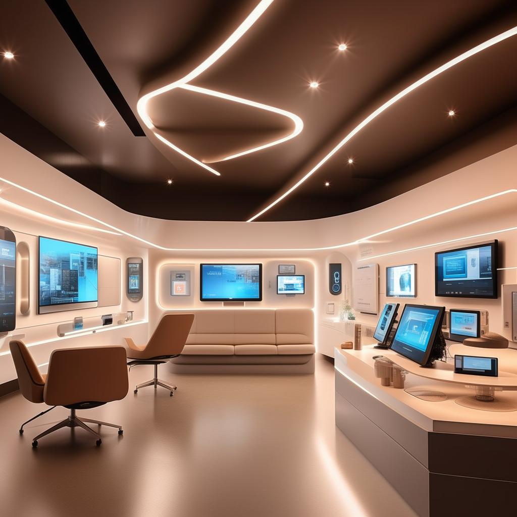 A sleek home automation office with neutral colored walls, modern furniture, and tech-themed accents. Display areas for smart products, a cozy consultation corner, and an efficient checkout space. An inviting atmosphere for tech lovers with integrated lighting and a clean aesthetic.