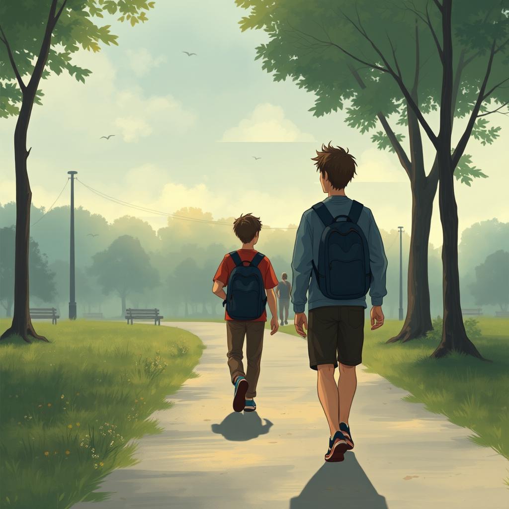 A narrative scene depicting a young man returning to the park, only to find his friends have vanished