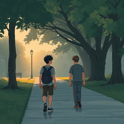 A narrative scene depicting a young man returning to the park, only to find his friends have vanished