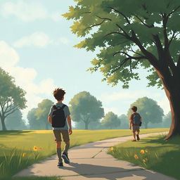 A narrative scene depicting a young man returning to the park, only to find his friends have vanished