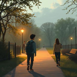 A narrative scene depicting a young man returning to the park, only to find his friends have vanished