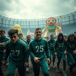A highly detailed and realistic scene inspired by a survival game similar to 'Squid Game', featuring a tense atmosphere with players in numbered outfits (green tracksuits with white numbers) in a large, ominous game arena