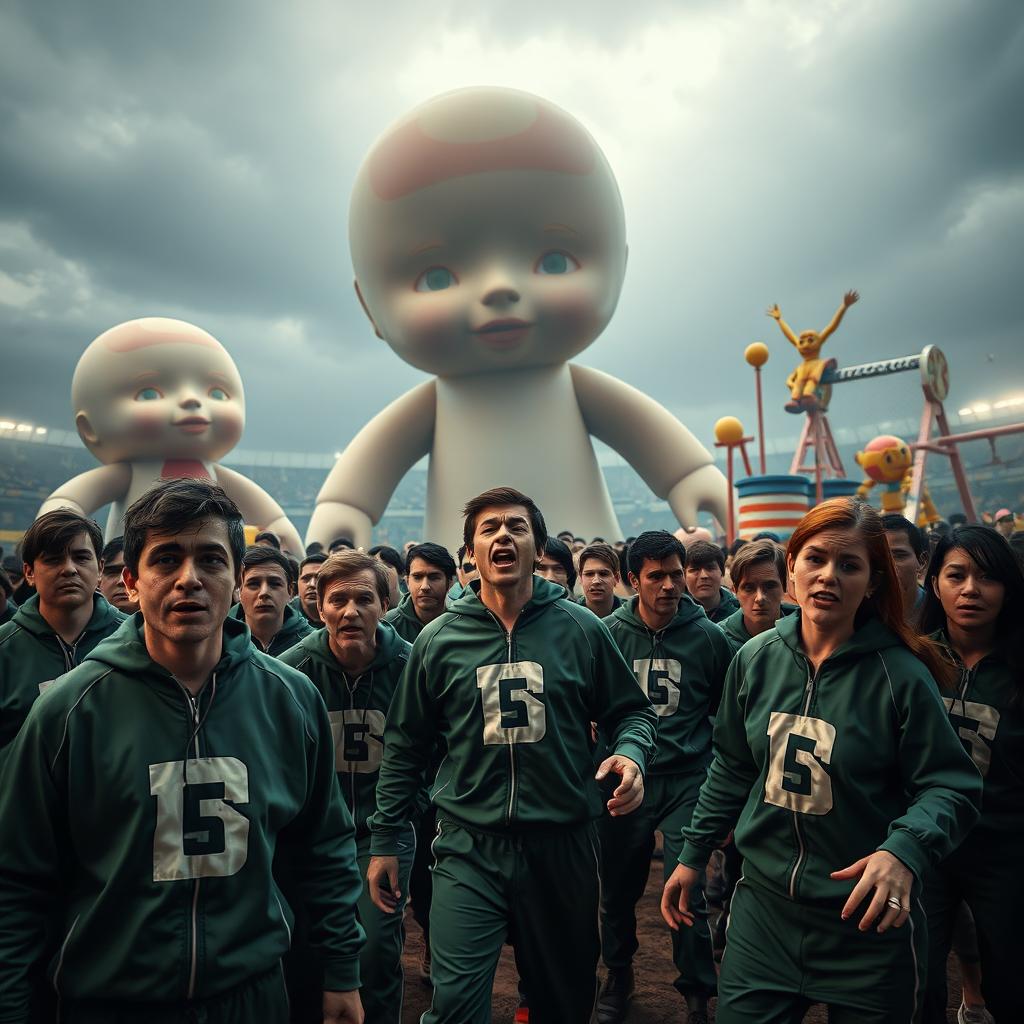 A highly detailed and realistic scene inspired by a survival game similar to 'Squid Game', featuring a tense atmosphere with players in numbered outfits (green tracksuits with white numbers) in a large, ominous game arena