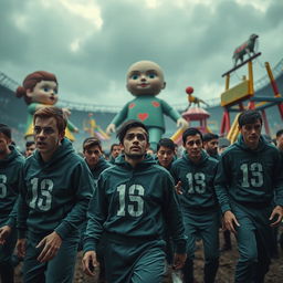 A highly detailed and realistic scene inspired by a survival game similar to 'Squid Game', featuring a tense atmosphere with players in numbered outfits (green tracksuits with white numbers) in a large, ominous game arena