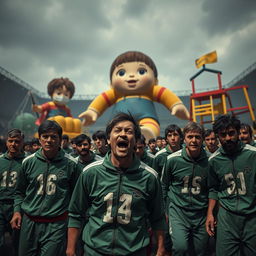 A highly detailed and realistic scene inspired by a survival game similar to 'Squid Game', featuring a tense atmosphere with players in numbered outfits (green tracksuits with white numbers) in a large, ominous game arena